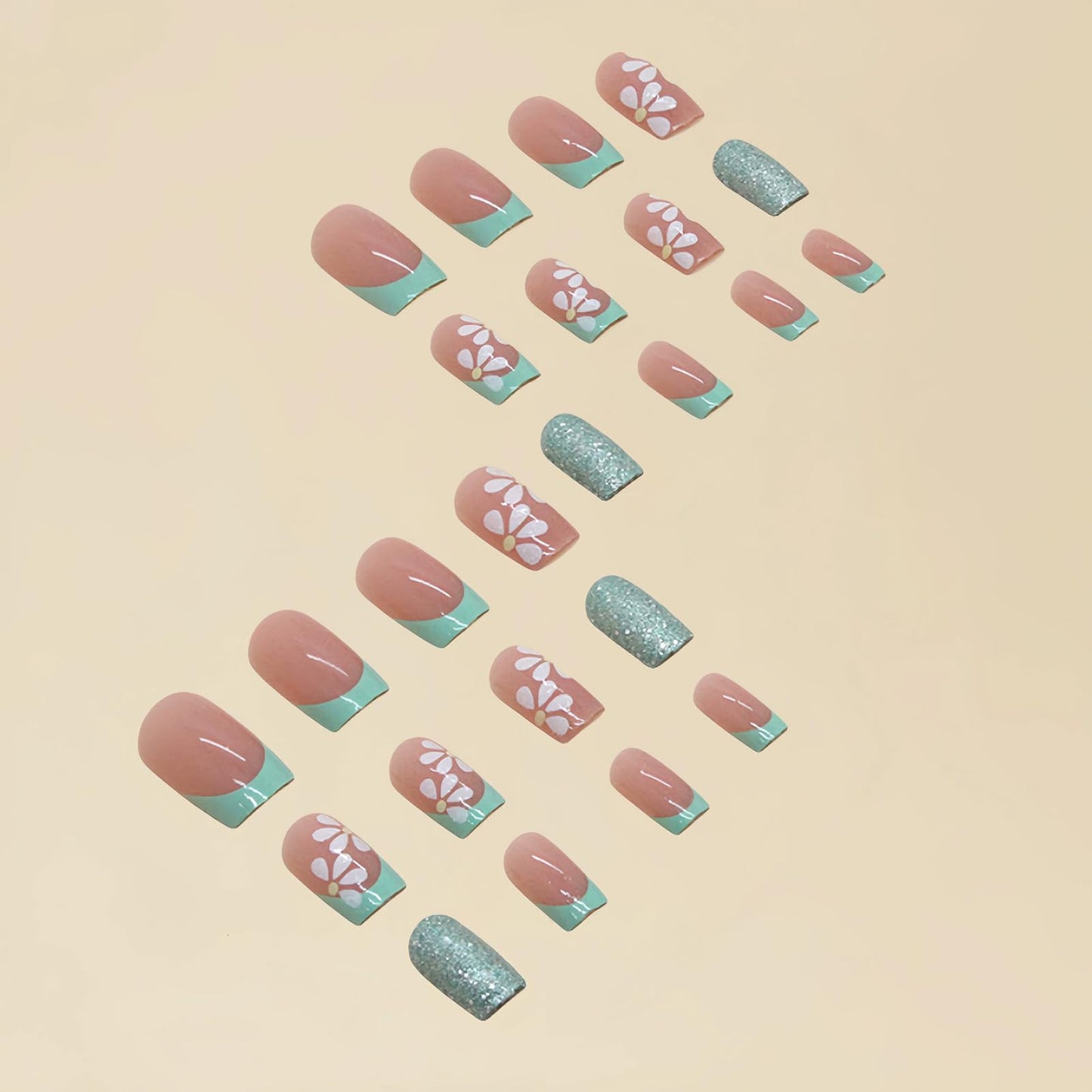RUPOFUZA Green French Press on Nails Square Short Glitter Green Fake False Nails with Floral Full Cover Stick on Nail Acrylic Artificial Short Glue on Nail for Women 24Pcs