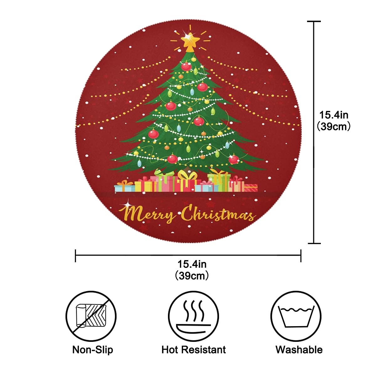 6 Pack Round Placemats Christmas Tree with Gift Boxes Table Mats Heat-Resistant Stain Resistant Anti-Skid Washable Placemats 15.4 Inch