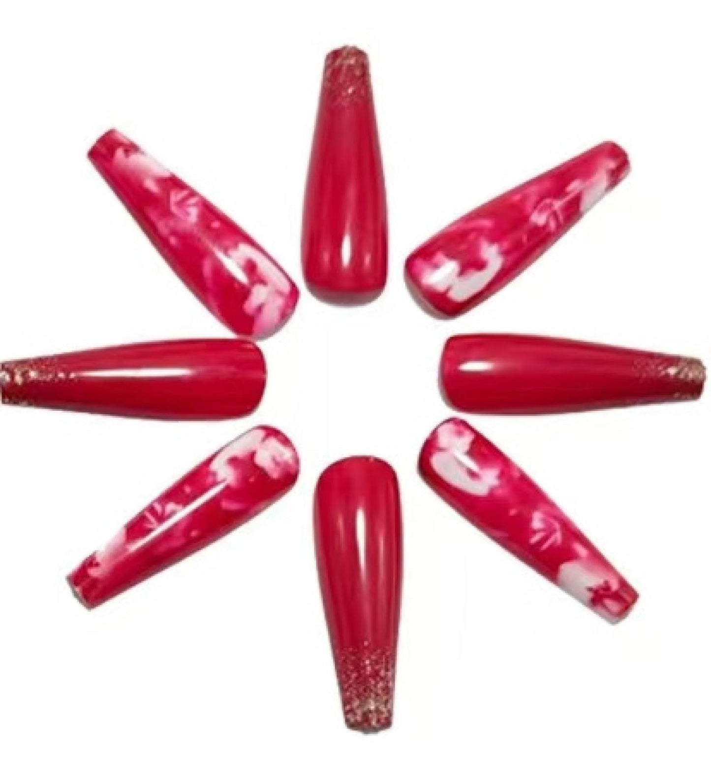 Chunmeng 24 Piece Long Ballet Armor Valentine's Day Rose Red Flower Sparkling Powder Detachable Nail Pressing Smooth, Fashionable Women's Artificial Nails Can Be Reusable
