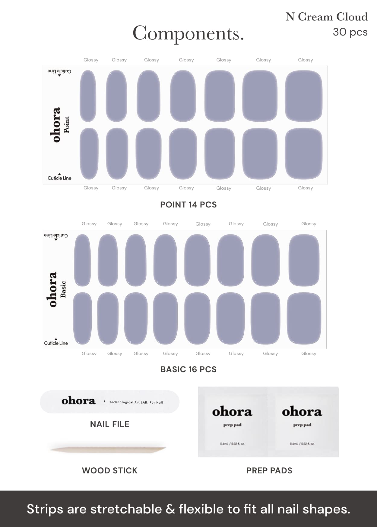 ohora Semi Cured Gel Nail Strips (N Cream Cloud) - Purple, Solid, Works with Any UV/LED Lamps, Salon-Quality, Long Lasting, Easy to Apply & Remove - Includes 2 Prep Pads, Nail File & Wooden Stick