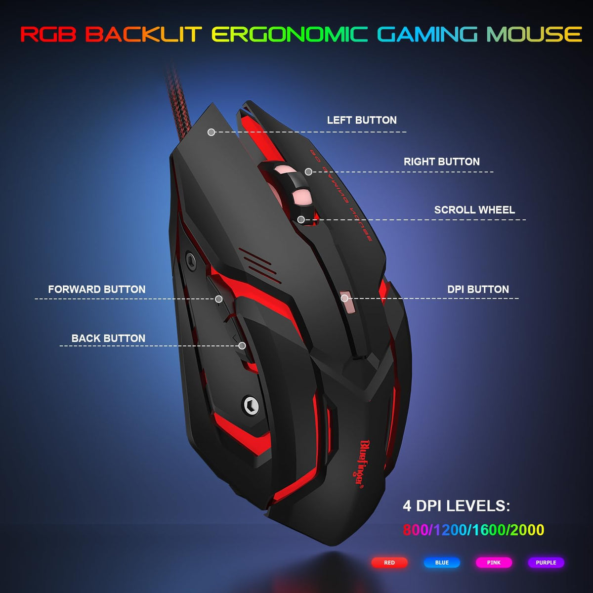 BlueFinger RGB Gaming Keyboard and Backlit Mouse and Headset Combo, USB Wired Backlit Keyboard, LED Gaming Mouse Set, Headset with Microphone for Laptop PC Computer Game and Work
