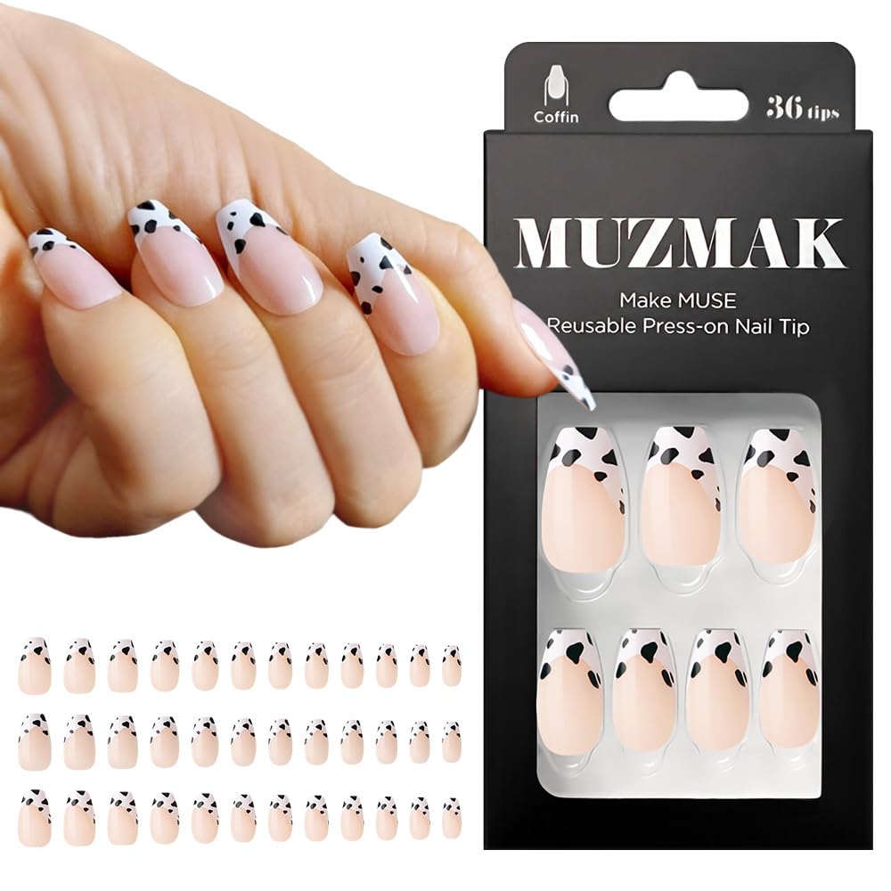 MUZMAK Reusable Press On Nails - Milk Cow - Long Coffin Press On Nails, Cow Print French Tip Fake Nails (Pack of 36)