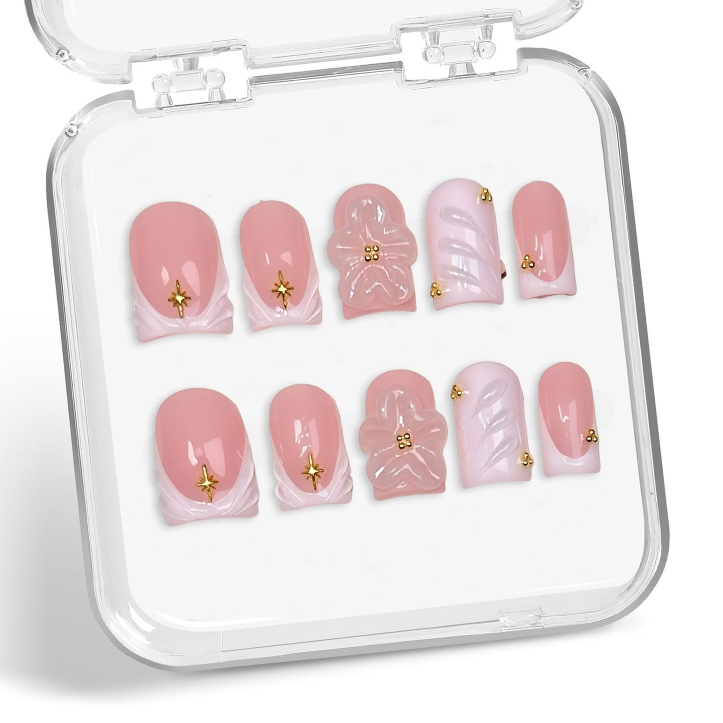 Pink Flower Press on Nails Handmade Press on Nails Short Duck Muti-Layer Gel Acrylic Nails with Design Thick White French Tip False Nail Full Cover Acrylic Stick on Nail for Women (M)