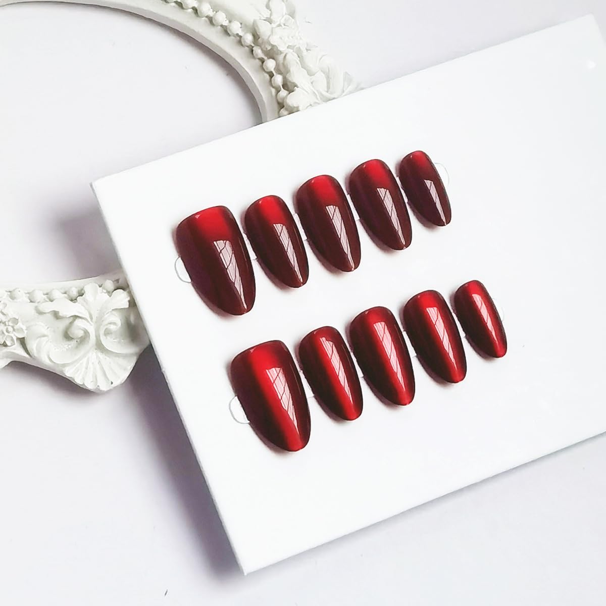 Cherry Red Sparkling Press on Nails Medium Almond Fake Nails Solid Red Color False Nails Reusable Glossy Artificial Nails Sparkly Shiny for Women Girls Daily Wear Manicure 24Pcs