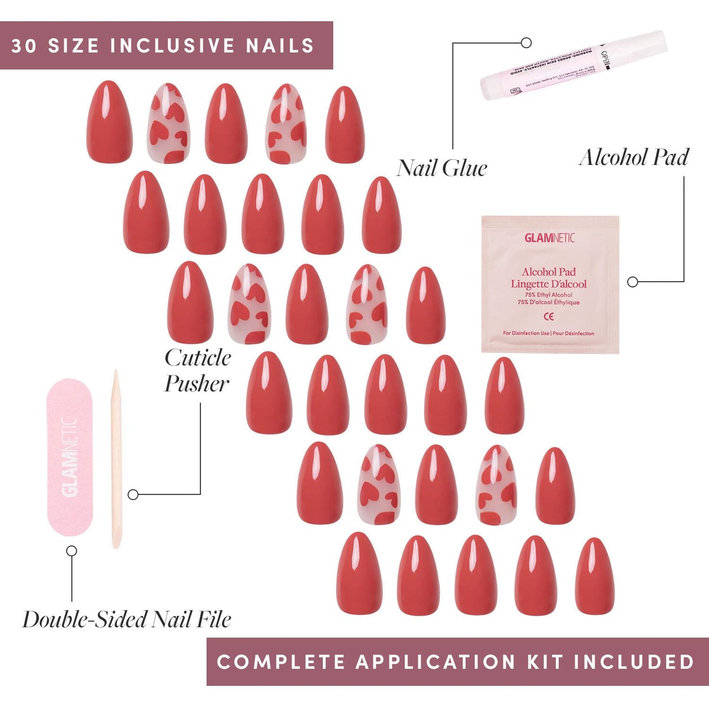 Glamnetic Press On Nails - Love Me | Glossy, Semi-Transparent, Short Almond Red Heart Fake Nails, Salon Quality | 15 Sizes - 30 Nail Kit with Glue