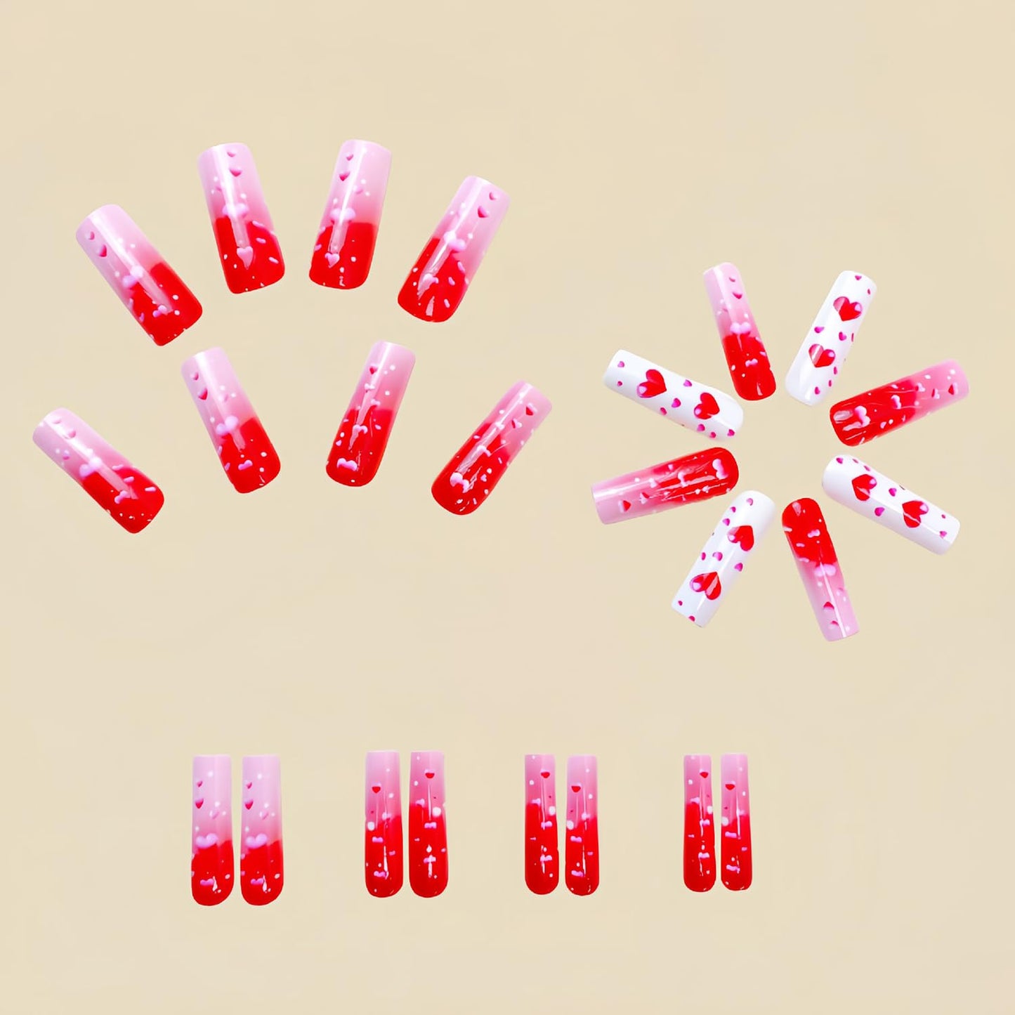 Valentine's Press on Nails Long Pink Red Love Heart Fake Nails Heart Design Full Cover Glossy Valentine's Acrylic Nails Artificial Coffin Nails Holiday Nails 24Pcs Stick on Nails for Women