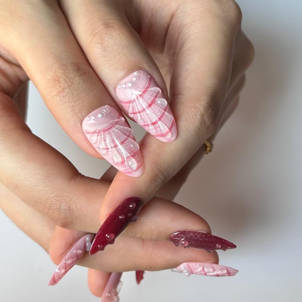 10 Pcs Press on Nails Medium Almond Fake Nails, 3D Pink Shell Design Full Cover Stick on Nails, Handmade Artificial Acrylic Nails with Nails File Set (Size M)