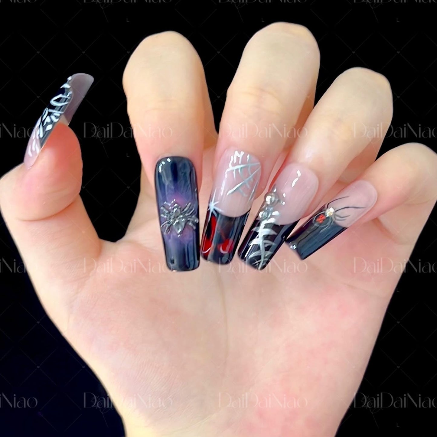 Halloween Handmade Press on Nails Long Square False Nails 3D Spider Designs Full Cover Thick Black French Tip Acrylic Fake Nail Halloween Silver Spider Web Stick on Nail for Women（Size M)
