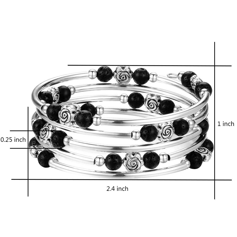BULINLIN Wrap Bangle Rose Bead Bracelet - Beaded Bracelet with Natural Agate Stone Gifts For Women(01-Lava black)