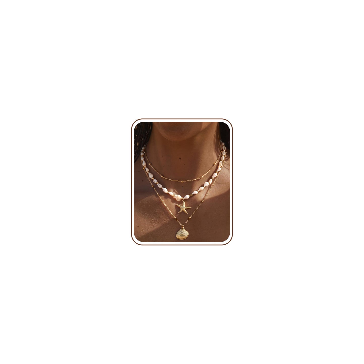 LOYALLOOK Shell Starfish Necklace for Women, 14k Gold Plated Dainty Layered SeaShell Conch Starfish Charm Necklace Stack, Non Tarnish Waterproof Gold Beach Accessories for Summer Vacation 2pcs