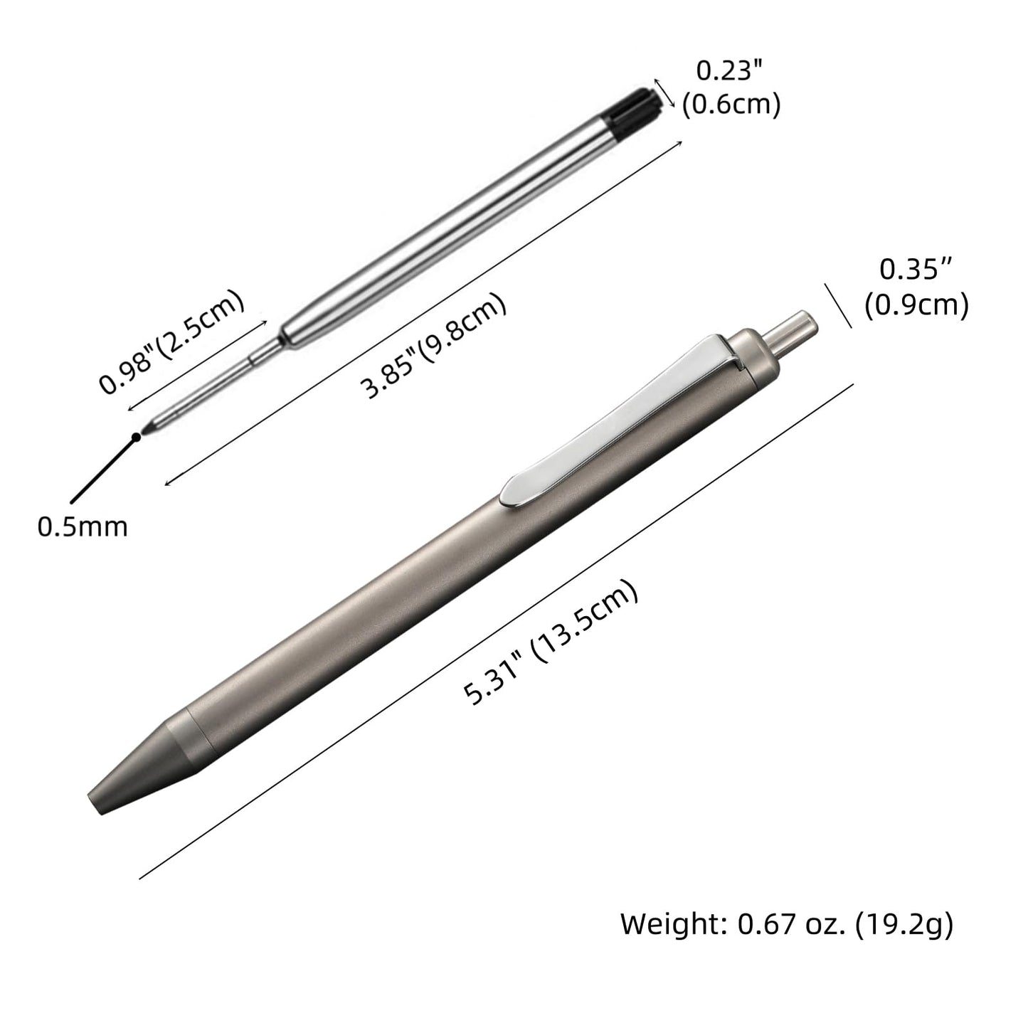 Grey Titanium Alloy Ballpoint Pen Retractable Lightweight EDC Pen with Pocket Clip Compatible with Parker Style Refill with 3 Extra Refills in Gift Box (LA035)