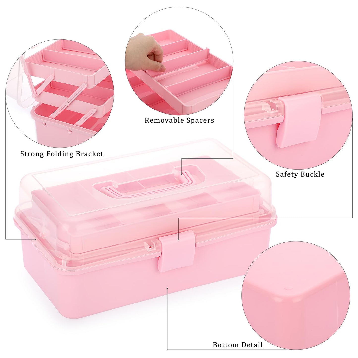 BTSKY 3-Layer Plastic Dividing Storage Box Craft Organizer and Storage with Adjustable Spacers Portable Handled Art Supply Organizer Multipurpose Home Utility Box Organizer (Pink)