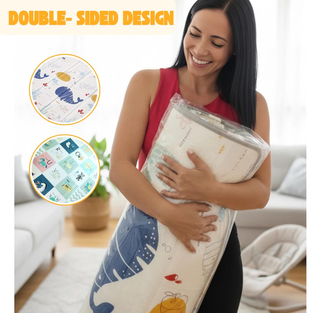 DAN&GO Extra Large Baby Play Mat, Foldable, Double-Sided, Beige, Non-Toxic XPE Material, Portable Activity Floor Mat for Babies 0-12 Months & Kids, Educational Design (Ocean, 71 * 79 * 0.4)