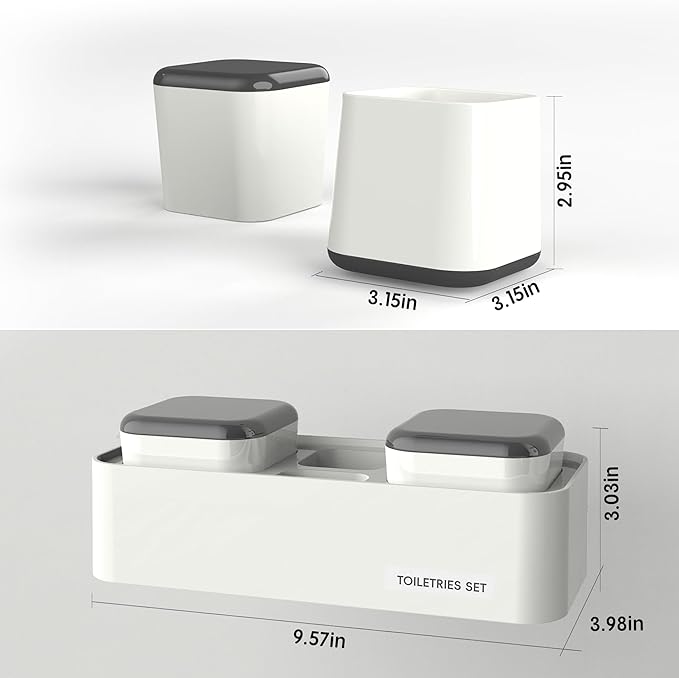 7AM2M Toothbrush Holders for Bathrooms,2 Cups Bathroom Organizer with Secure Hook - Stylish Wall Mounted or Desktop Use,Bathroom Organization and Storage,4 Toothbrush Slots, (White)