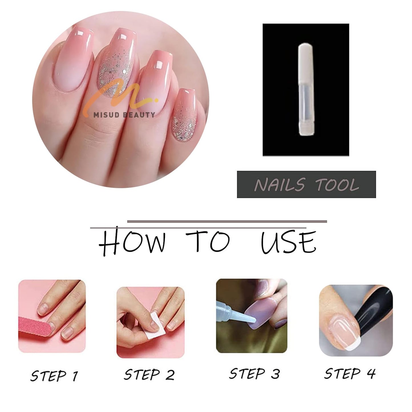 MISUD Press on Nails - Long Coffin Fake Nails with Pink Ombre, Acrylic Bling Glitter Design 24 pcs