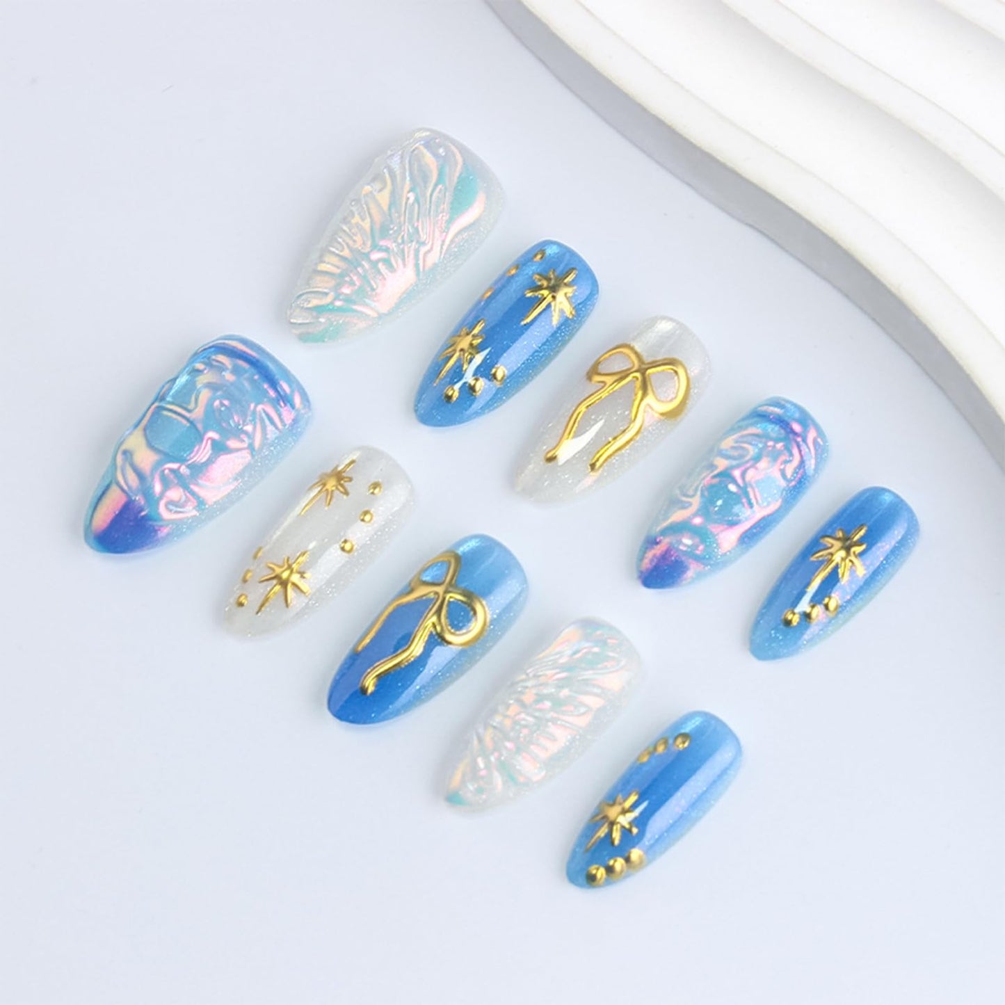 3D Bow Tie Press on Nails 30 Pcs Stars Acrylic Fake Nail Glossy Blue Glitter Stellar River Stick on Fingernails Valentines Almond Medium False Nails Curve Gel Glue on Nail for Women Valentine's Gift