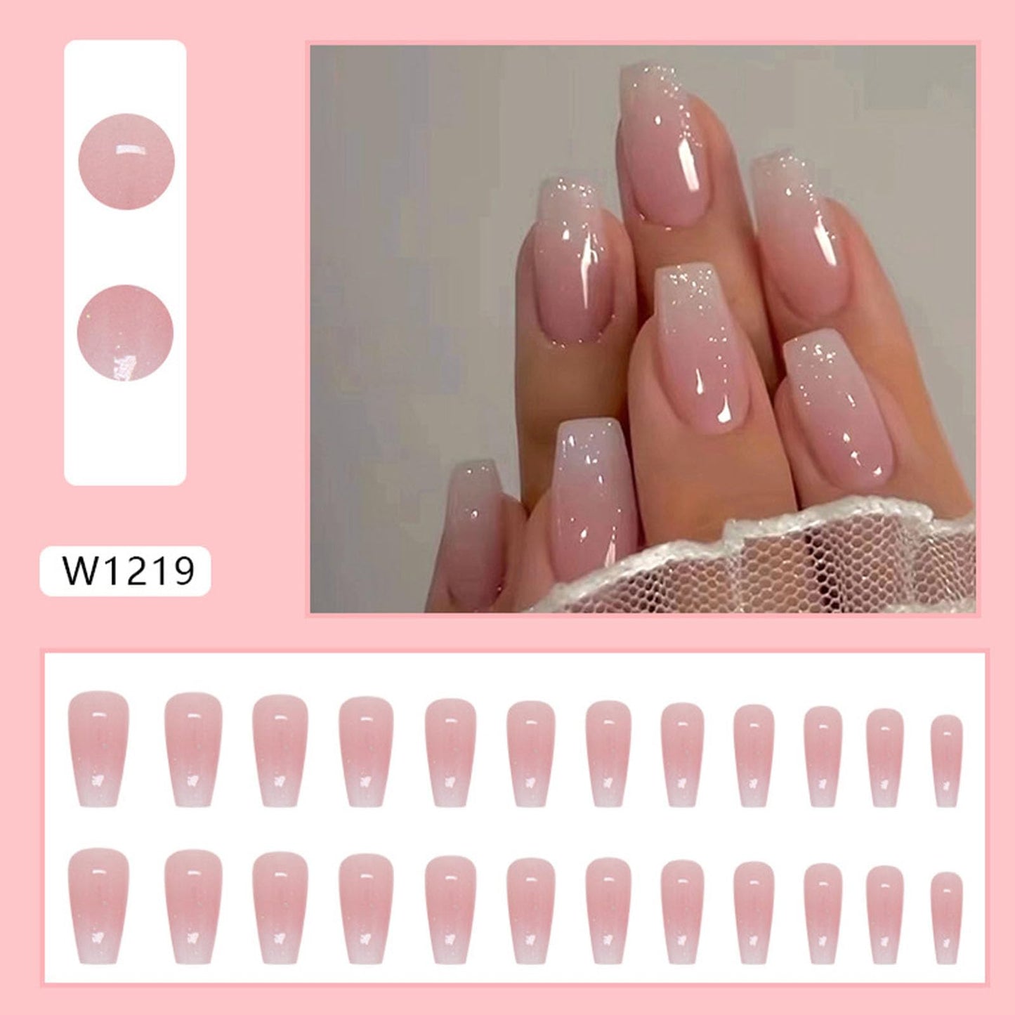 Pink Press on Nails Medium Coffin Fake Nails Press ons with Gradient Designs Simle Glue on Nails Medium Length Acrylic False Nails Full Cover Stick on Nails for Women 24 Pcs