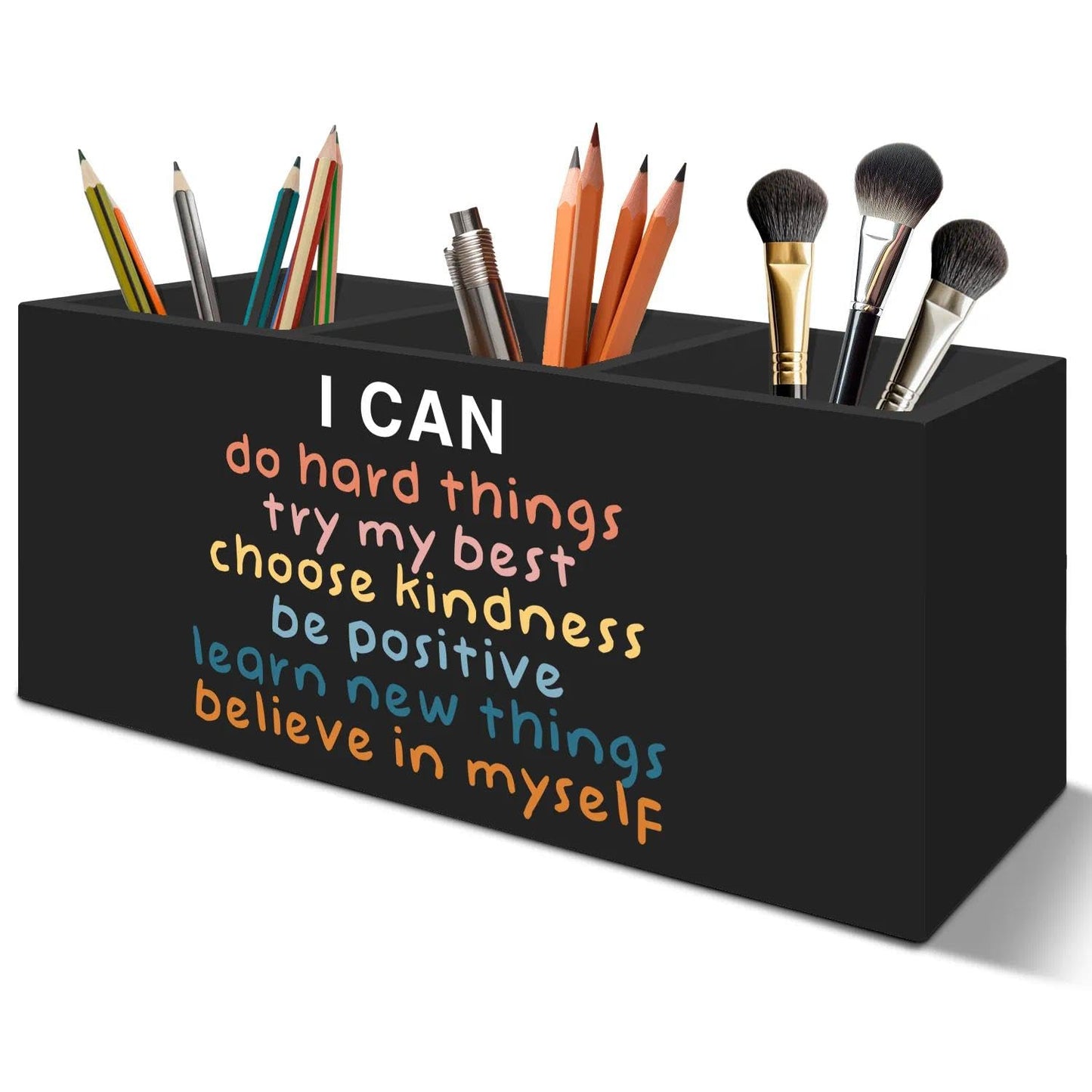 LIANGEAGOM Inspirational Pen Pencil Holder Organizer for Desk Accessories, Boho Classroom Decor, I Can Do Hard Things Motivational Wooden Box Signs Decorations for Counseling Office Desk Tabletop