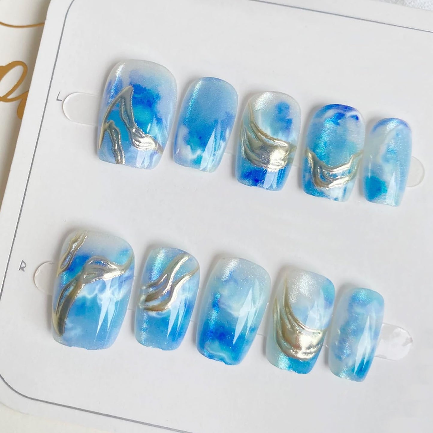 30Pcs Blue Press on Nails Short Square Fake Nails Ocean White Clouds Glossy Glitter Design Full Cover Reusable Artificial Nails Silver Chrome Stick on Nails Handmade False Nails for Women Acrylic Nail