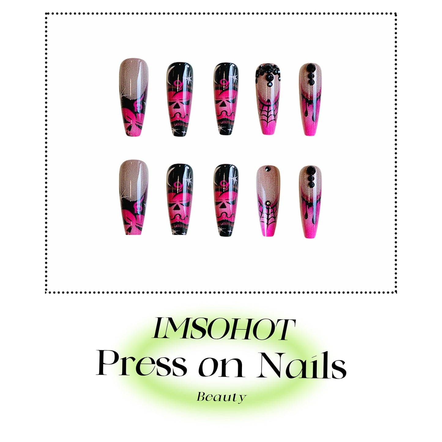 IMSOHOT Halloween Long Coffin Press on Nails, Pink Black with Spider Web & Pumpkin Acrylic Nails, 24PCS