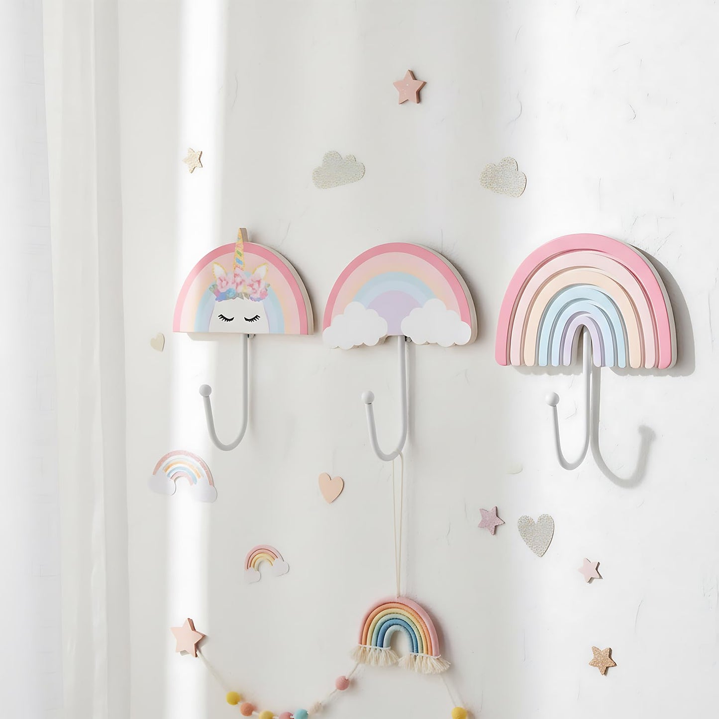 AceOrbit 3 Pcs Rainbow Wall Hooks Unicorn Wall Hangers Pink Nursery Coat Rack Rainbow Art Holder for Kids Bedroom Home Decoration