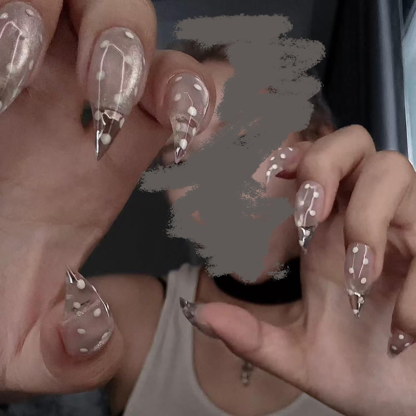 Handmade Press on Nails Medium Stiletto Fake Nails Unique Eagle Claw Thick Acrylic Nails Transparent False Nails with Polka Dots Glitter Cat Claw Designs Glossy Glue on Nail Sturdy Nail Art 10Pcs(S)