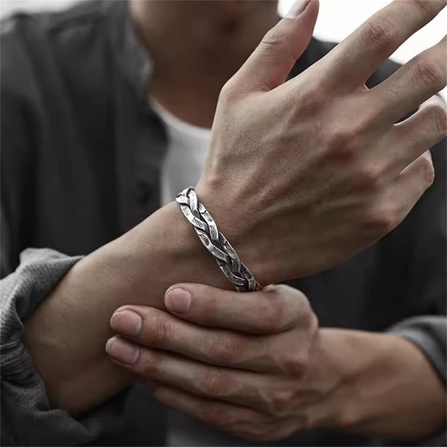 Handmade 925 Sterling Silver Bangle Bracelets For Men Women Twist Weaved Bangle Bracelets Wide Band Chunky Bangles Retro Braid Cuff Bracelet Open Adjustable Cuff Bangles For Men Punk Statement Bangles