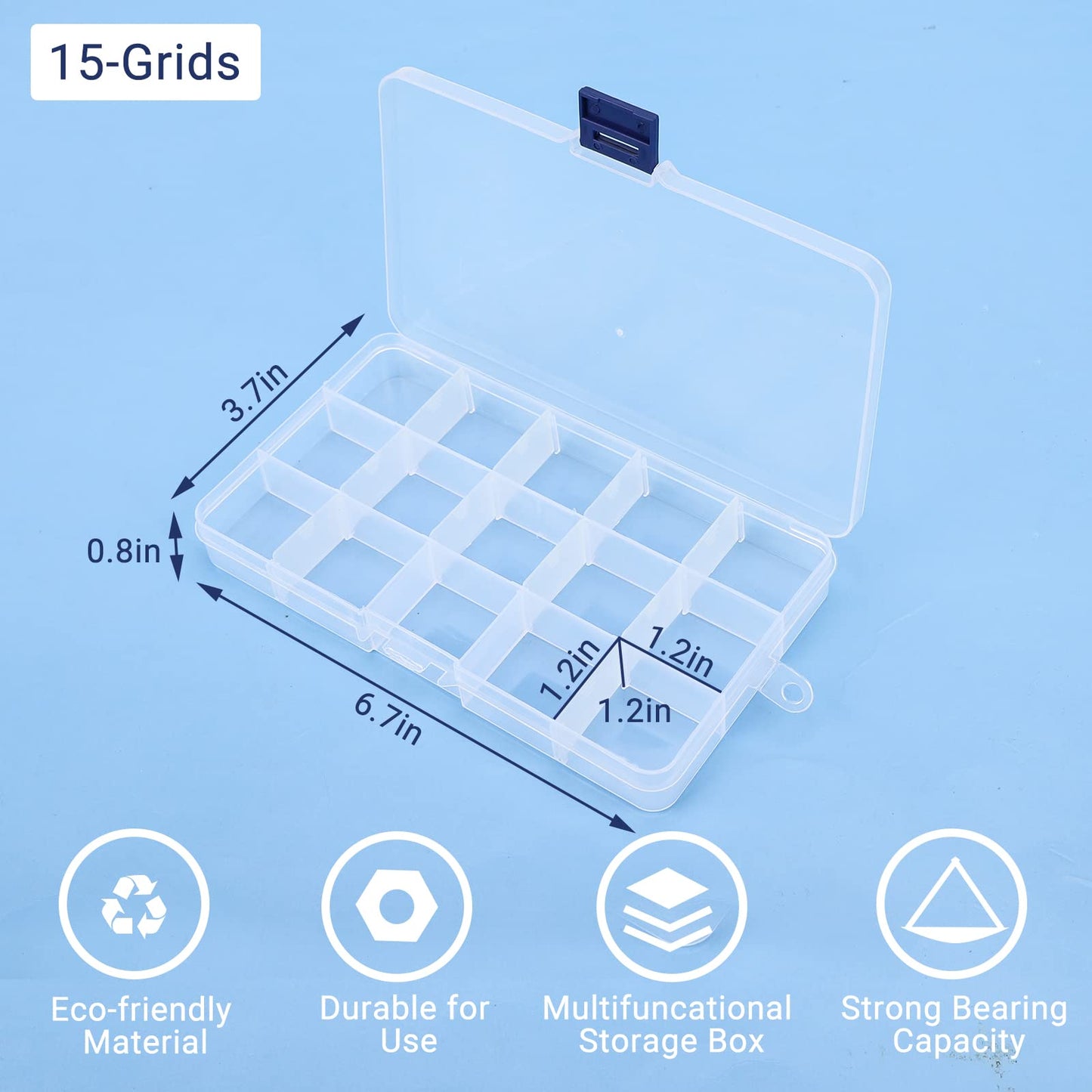 Cosics Rhinestone Organizer Storage Box, 4PCS 15-Grid Small Clear Plastic Jewelry Case, Empty Container Dividers for Nail Art Craft Accessory, Display Holder for Fishing Tackle, Bead, Charms, Sewing