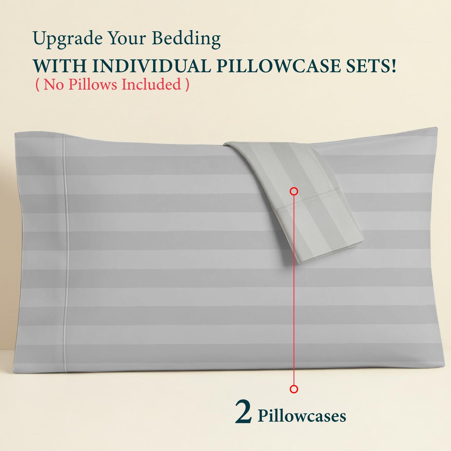 Ashton Sheets 100% Egyptian Cotton Queen Pillow Cases Set of 2 - Luxury 1500 Series Prestige Collection Damask Pillow Cases (Silver Stripe), Silky Soft, Breathable & Cooling Striped Sateen Pillowcases