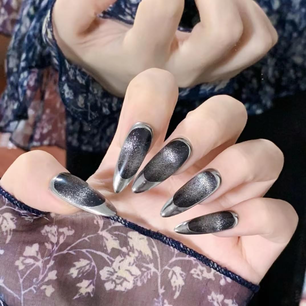 MAOLEETO 3D Almond Press on Nails, Long Almond Fake Nails French Gradient False Nails Middle Black Press on Nails for Women Girls Nail Art Decoration - Middle