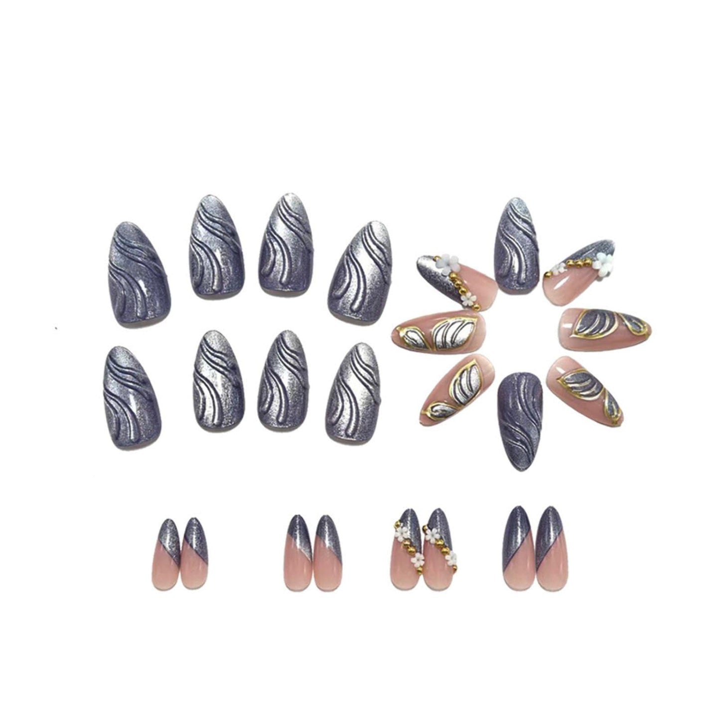 Almond Press on Nails French Tip Fake Nails Full Cover Medium False Nails with 3D White Flowers Gold Beads Design Shiny Blue Butterfly Nail Tips Glue on Nails Spring Summer Stick on Nails for Women
