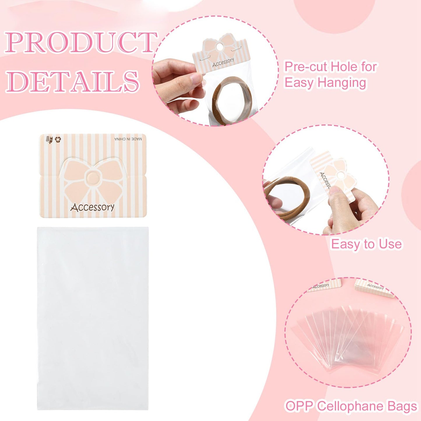 Gelirda 50 Sets Packaging Pouch with Foldable Header Cards Bowknot Printed Paper Cards & Rectangle Cellophane Bags for Jewelry Display