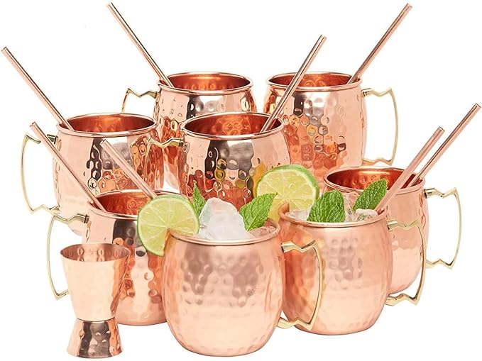 [Gift Set] Moscow Mule Copper Mugs Set of 24 (16oz) w/Straws & Jigger | 100% Pure Copper Cups, Tarnish-Resistant Food Grade Lacquered Finish, Ergonomic Handle (No Rivet) w/Solid Grip