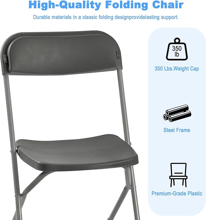 80 Pack Plastic Folding Chairs, Portable Party Chairs, Stackable Commercial Seats with Steel Frame for Home Office Wedding Party Indoor Outdoor Events Chairs, 350lbs Capacity,Gray