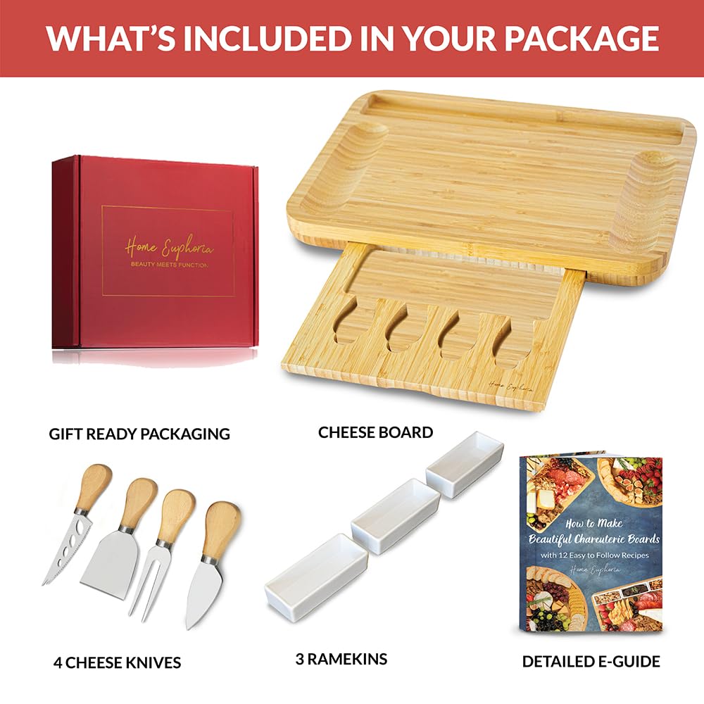 Home Euphoria Large Bamboo Charcuterie Board and Knife Set - Cheese Board with Bowls, Beautiful Gift for Mom