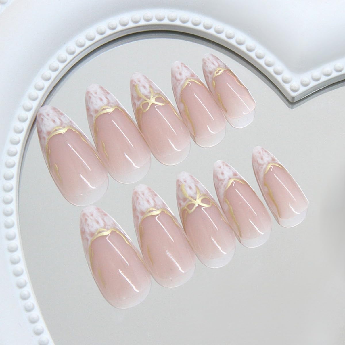 White French Tip Press on Nails Medium Almond Nude Fake Nails with Glue Gold bow Line Stick on Nails Full Cover Glossy Acrylic False Nails for Women DIY Manicure Decoration 24PCS