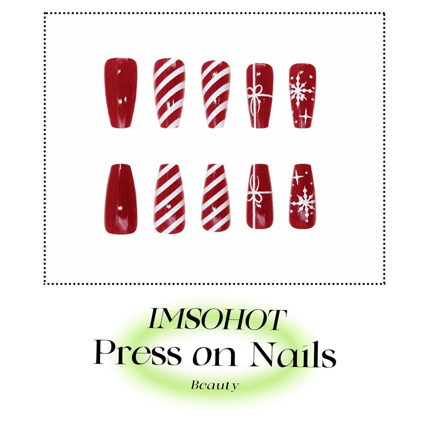 IMSOHOT Press on Nails Long Coffin Fake Nails with White Snowflake Designs Red False Nails Acrylic Full Cover Stick on Nail for Women 24Pcs