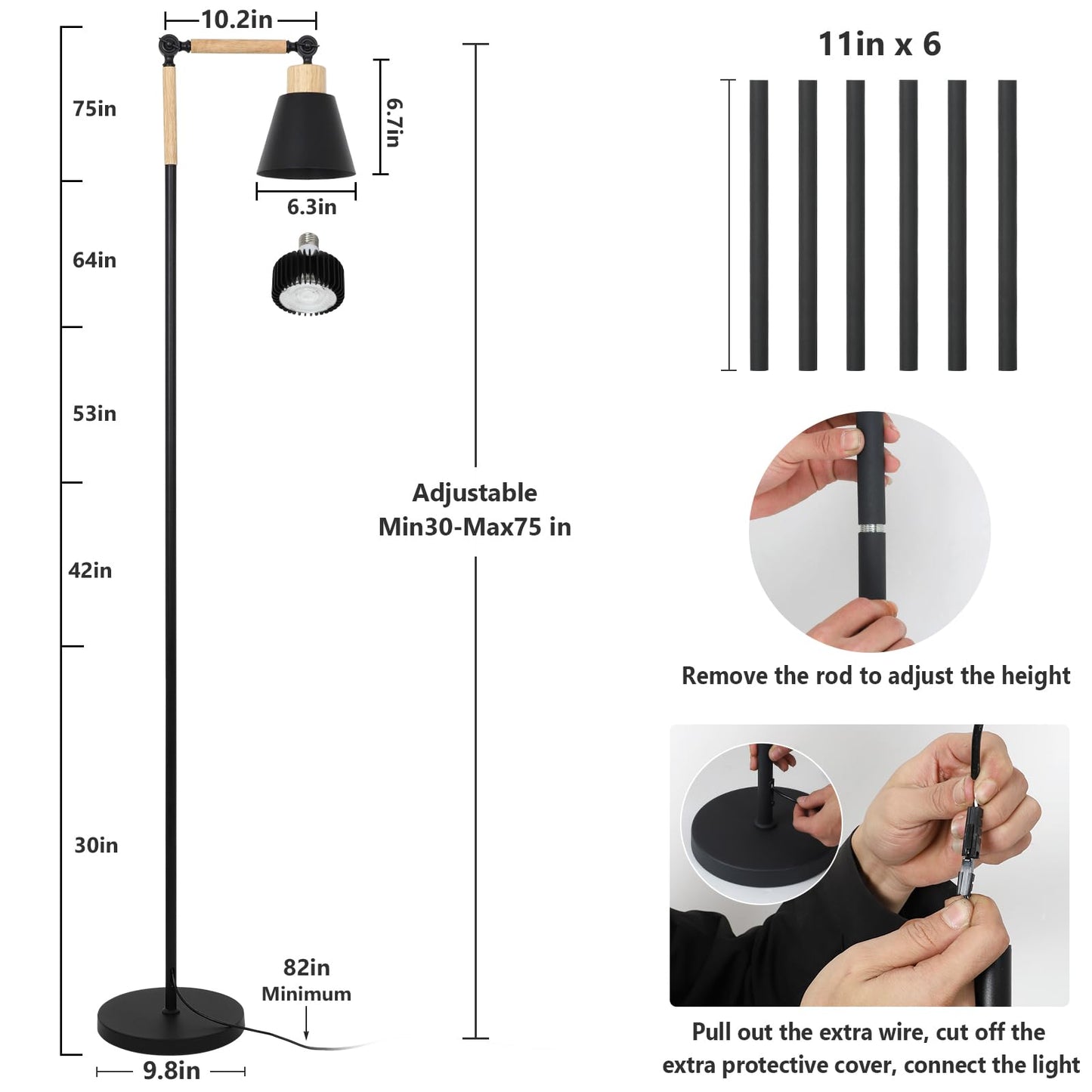 HMVPL Grow Lights for Indoor Plants Full Spectrum, Plant Lights for Indoor Growing with 20W COB Grow Light Blub, 4/8/12H Timer, Standing Tall Grow Lamp for Middle Large Plants(75'', Height Adjustable)