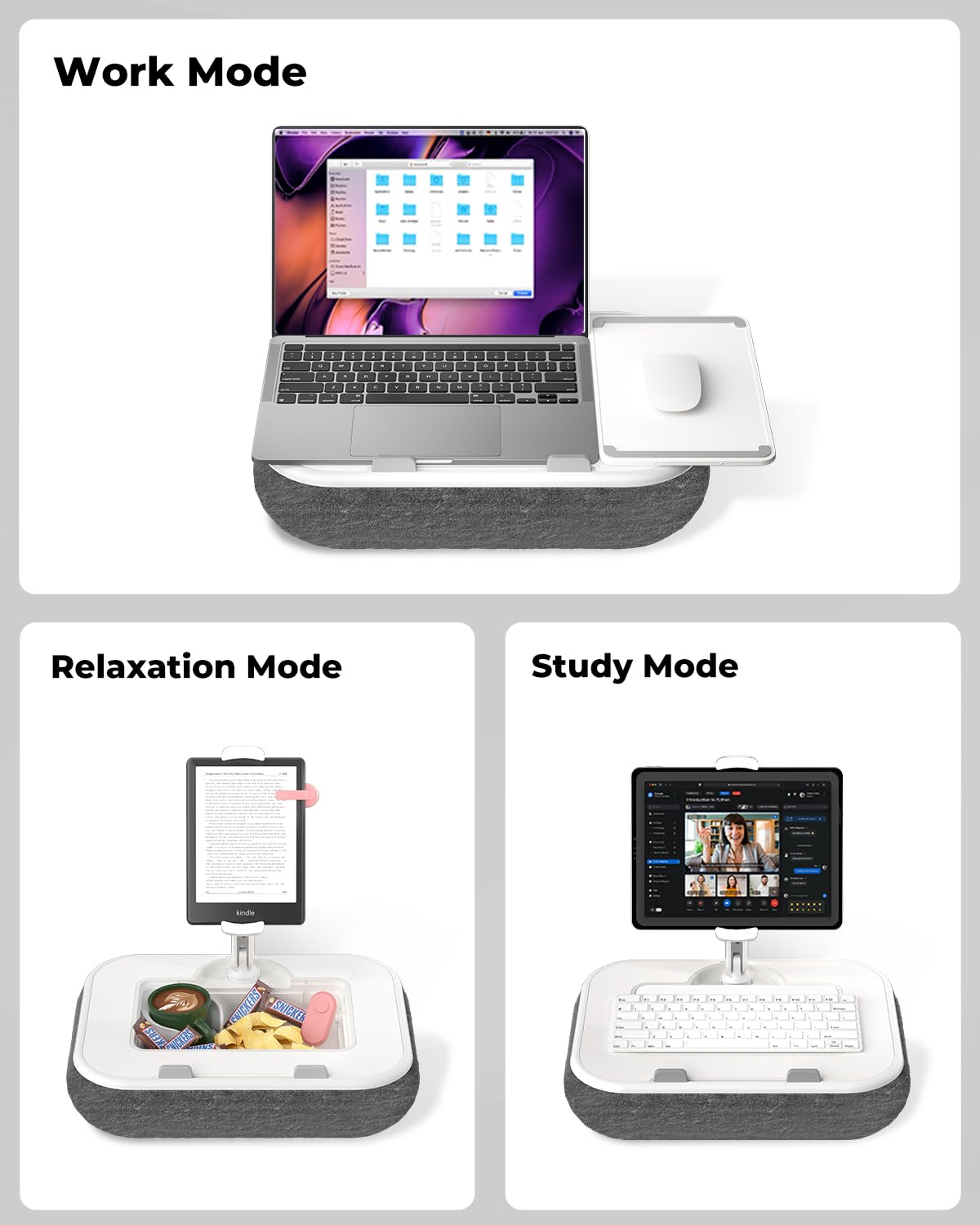 SupeDesk Laptop Lap Desk, Adjustable iPad Holder for Bed, 360° Swivel Tablet Arm, Laptop Desk with Mouse Pad, Snack Bowl & Cup Holder, Fits 4.7–13” Tablets & 15” Laptop