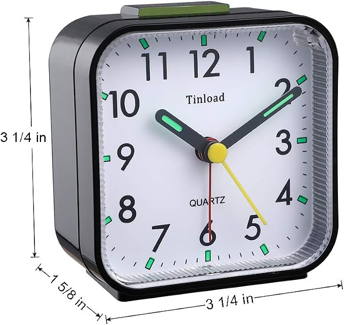 Tinload Small Battery Operated Analog Travel Alarm Clock Silent Non Ticking, Gentle Wake, Ascending Beep Sounds, Snooze,Lighted on Demand, Easy Set(Black)
