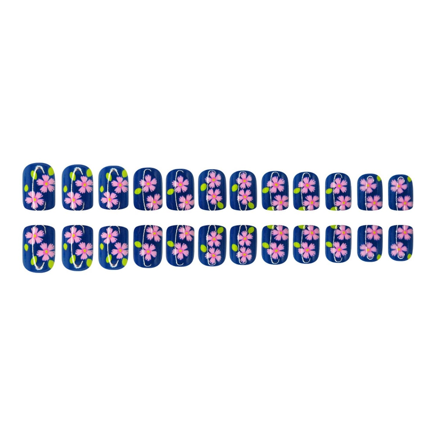 Short Square Press On Nails Spring Fake Nails With Pink Flower Design Blue False Nails Full Cover Artificial Reusable Cute Glue On Nail Acrylic Glossy Spring Stick On Nail For Women 24pcs