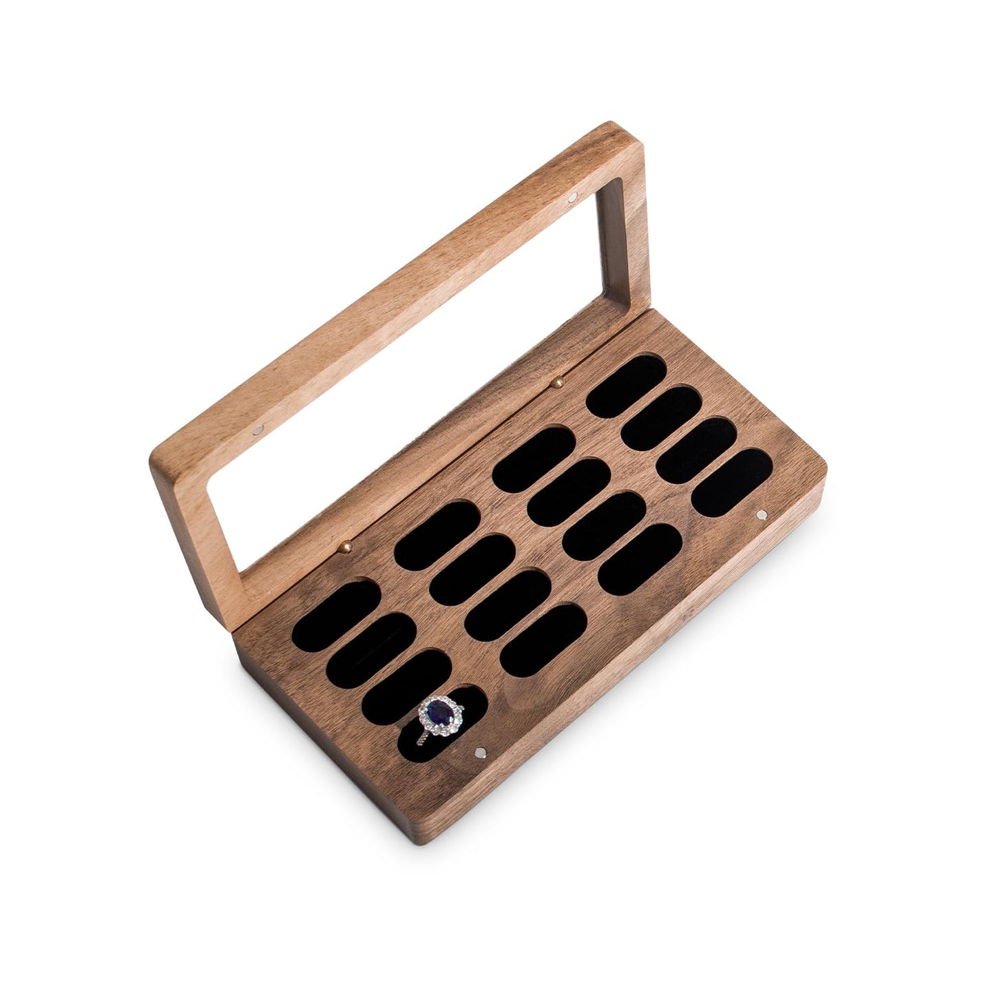 Wislist Luxury Solid Walnut Wood Ring Box with Glass Window - Ring case Jewelry Tray Jewelry Organizer for Rings, Studs & Earrings - Ideal for Store Display, Jewelry Showcases, Home Use & Gift Ideas