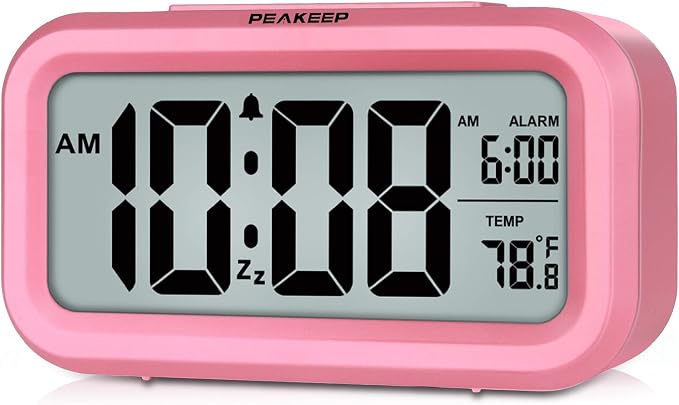 Peakeep Night Light Digital Alarm Clock Battery Operated Indoor Temperature | Small Cordless Cute Clock for Bedroom Desk Travel, Simple to Use for Teens Kids (Pink)