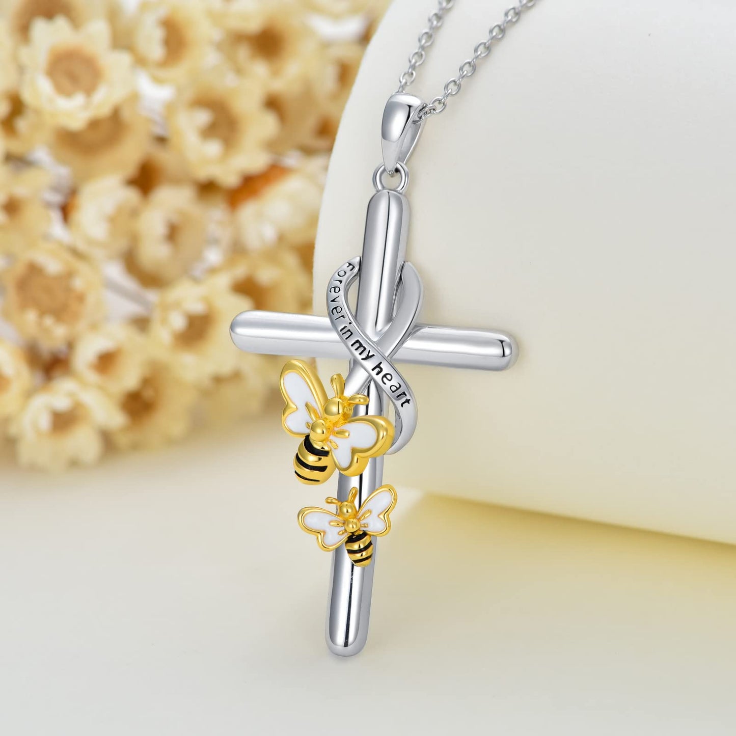 Flpruy Bumble Bee Cross Necklace 925 Sterling Silver Bee Gifts Jewelry for Women