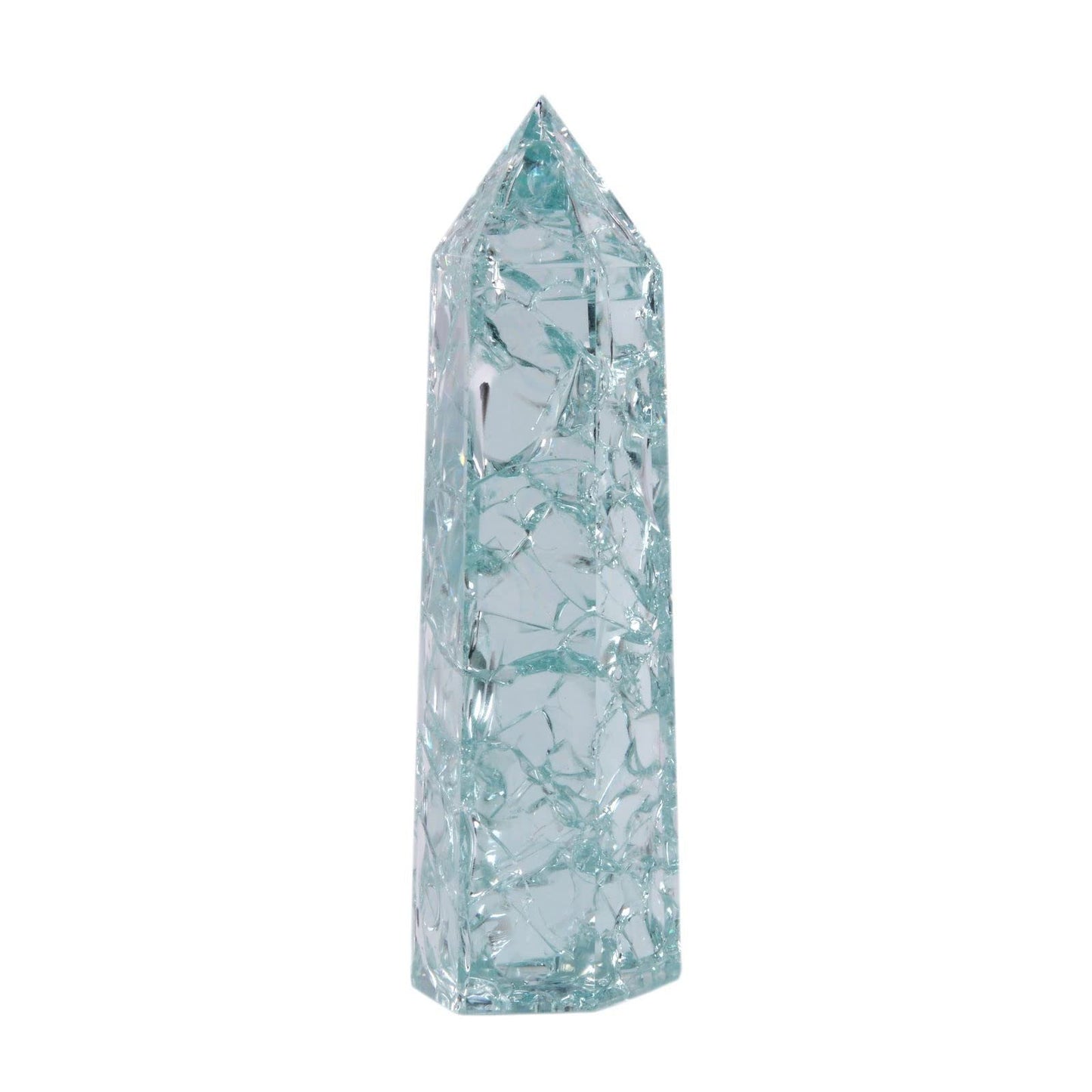 Synthetic Crackle Aqua Glass Crystal Hexagonal Pointed Tower Reiki Chakra Faceted Prism Wand Stone Home Decor