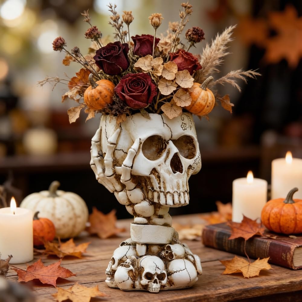 Skull Planter, Goth Flower Pot, Gothic Plant Pots, Succulent Pots with Drainage, Halloween Plant Pot, Tall White Skulls Statue, Funny Desk Home Decor, Cool Figurines Flower Pots Gift for Mother Father
