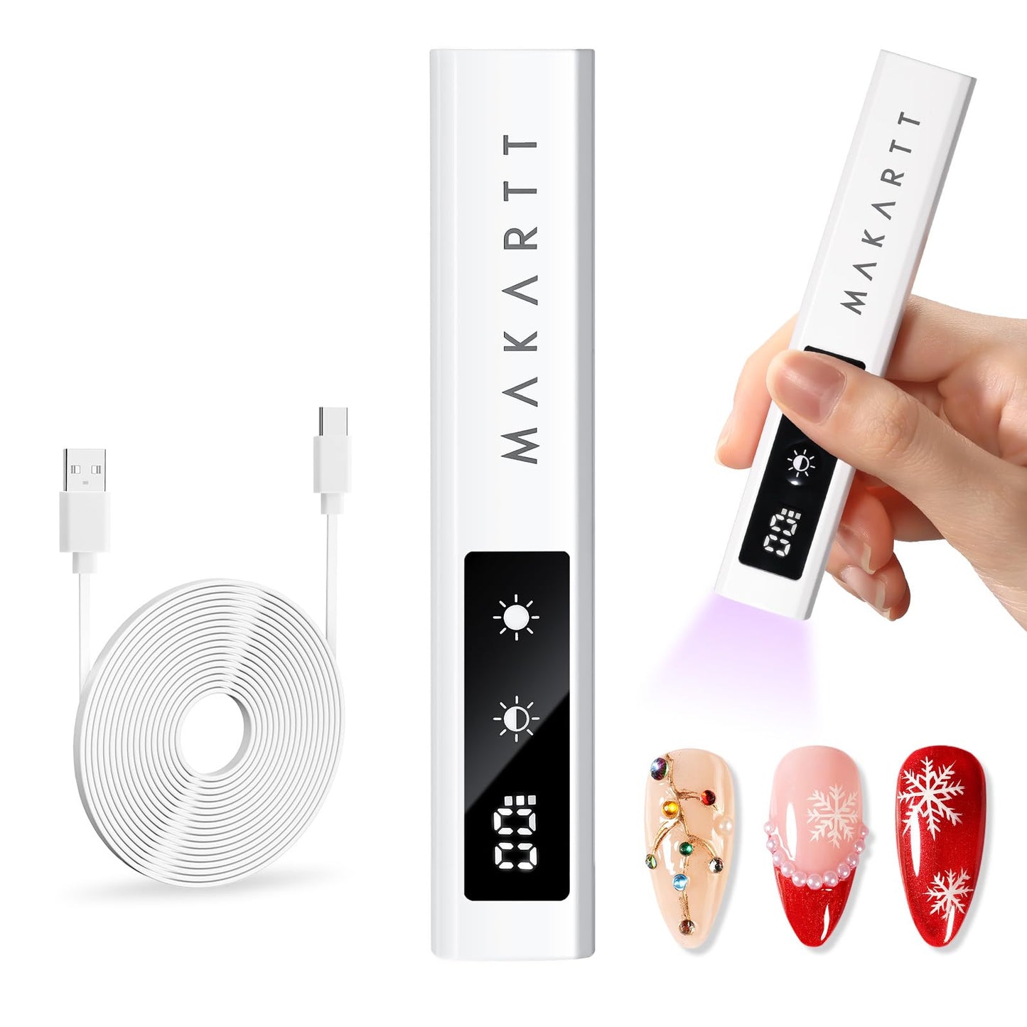 Makartt UV Nail Lamp, Handheld Flash Cure Lamp with Painless Mode Rechargeable Portable Nail Light 800mAh with LCD Display & 3 Timers for Home & Salon(White)
