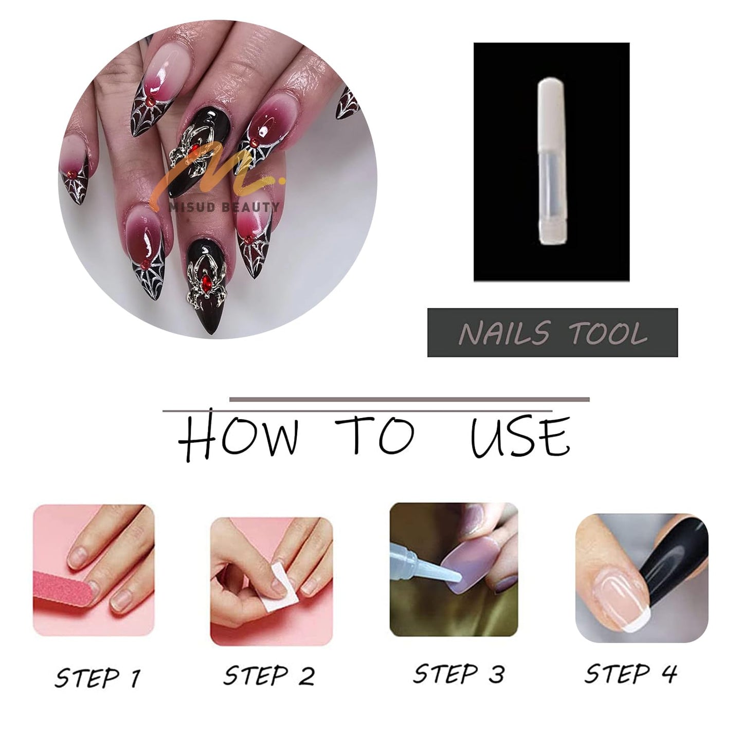 MISUD Press on Nails - Medium Stiletto Glue on Nails with Goth Red Black, Acrylic Gothic Spider Design 24 pcs