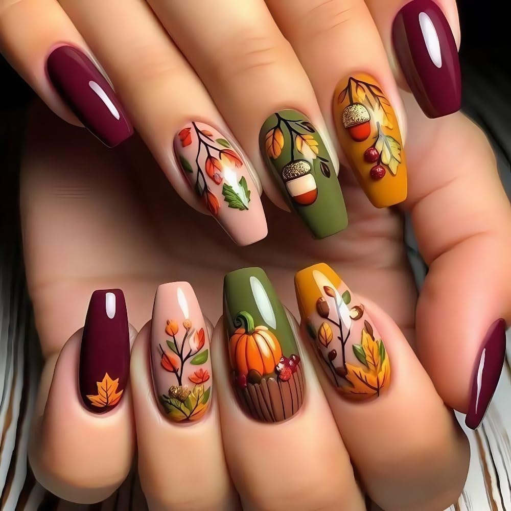 Fall Press on Nails Medium Coffin Fake Nail Maple Leaves & Pumpkin Acrylic False Nails for Women Full Cover Glossy Glue on Nails Reusable Autumn Stick on Nails 24Pcs