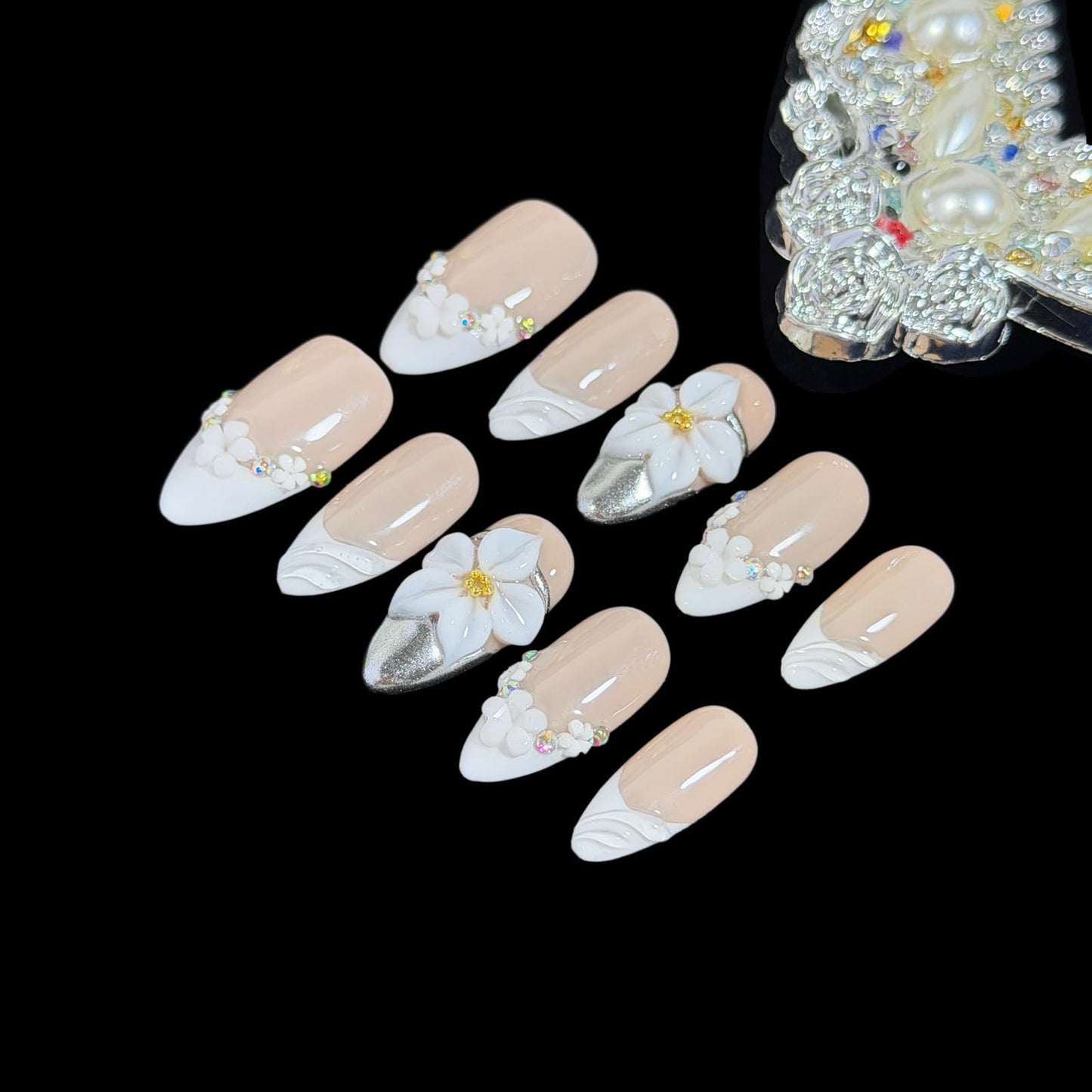 Handcrafted Press on Nails, Medium Almond Shape, 3D Flower Elegant Nude White French Tip with Rhinestone, Reusable Acrylic False Nails Classic French (L)